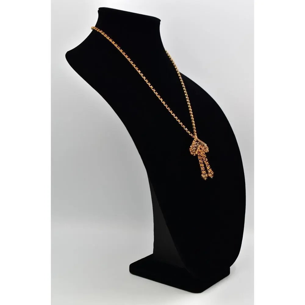 Vintage Crystal Bow Necklace Chocolate Orange Gold Prong Rhinestone 1960s BinBJ